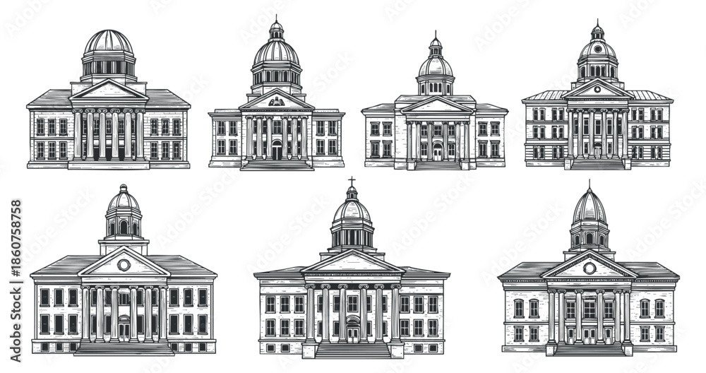 Obraz premium A collection of eight historic government buildings in detailed black and white outline vector style, suitable for architectural design projects