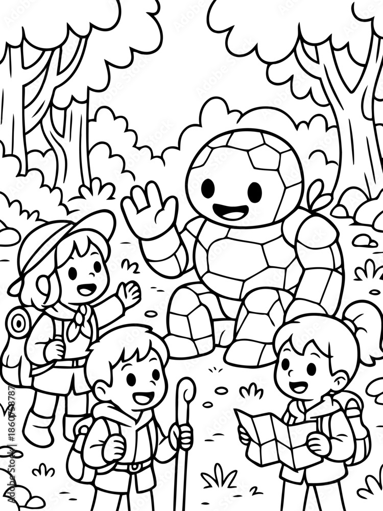 Fototapeta premium Encounter in the Enchanted Woods: A group of young explorers on a trek, joyfully meet a friendly rock character deep in a fantastical, hand-drawn wilderness setting. 
