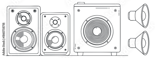 A collection of audio speakers and subwoofers in minimalist black and white outline vector style, ideal for music-related projects