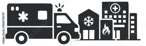 An ambulance vehicle with emergency icons and healthcare buildings in black and white flat vector style, suitable for health services and emergency response designs