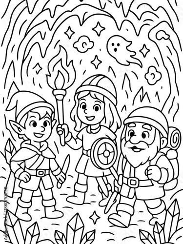 Adventure in the Cave: A team of intrepid explorers ventures into a mysterious cave, their faces alight with anticipation. Equipped with a torch, shield, and a spirit, they are ready to explore.