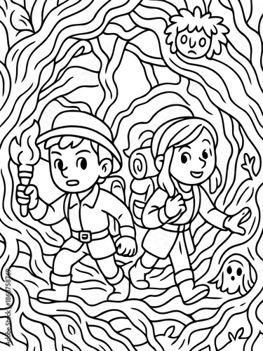 Exploring the Enigmatic Realm: Two intrepid adventurers traverse a mysterious, intricately-drawn forest scene, encountering strange, spectral entities.