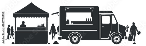 A food truck next to a vendor stall with people in black silhouette vector style, ideal for food market promotions