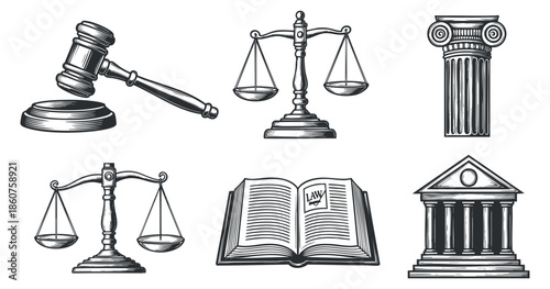A collection of law and justice symbols including a gavel, scales of justice, legal book, and columns in detailed black and white vector style, perfect for legal services branding