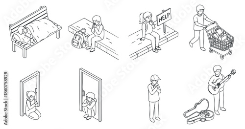A collection of illustrations depicting various mental health scenarios in outline vector style, suitable for wellness campaigns and educational materials
