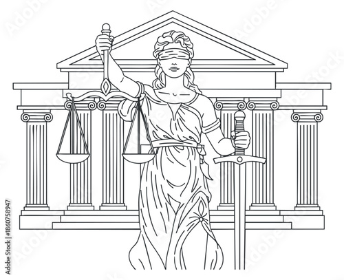 A depiction of Lady Justice holding scales and a sword in a minimalist black and white outline vector style, ideal for legal themes and justice-related projects
