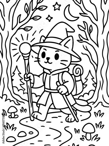 Enchanting Wizard Cat Adventure: A charming wizard cat, clad in a pointy hat and carrying a staff, ventures through a mystical forest under the night sky. Witness the charm of the character.