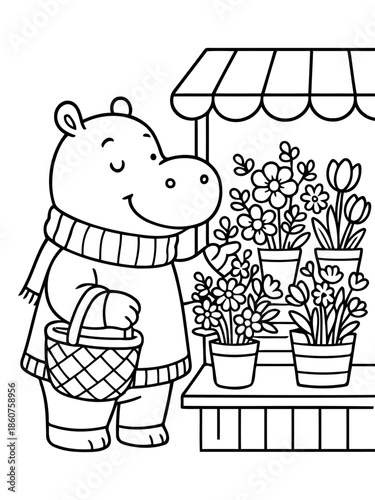 Hippo's Floral Fantasy: A charming hippopotamus peruses a flower shop filled with diverse blooms in pots.