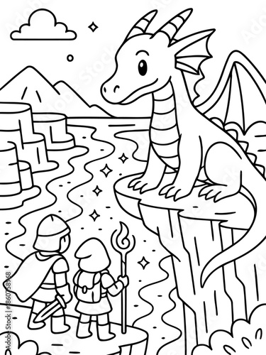 Dragon Encounter: A captivating illustration showcases two figures bravely confronting a majestic dragon atop a rugged cliff, offering a glimpse into a world of fantasy and adventure.