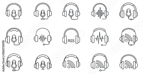 A collection of headphone and audio-related icons in clean line art vector style, suitable for music and podcast applications