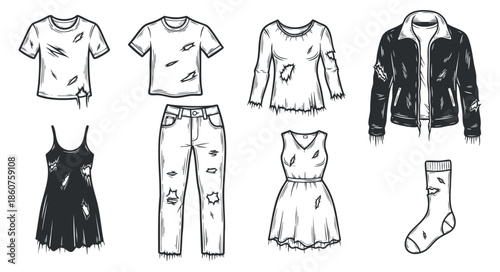 A collection of trendy damaged clothing items including t-shirts, jeans, dresses, and jackets in hand-drawn black and white vector style, ideal for fashion design and branding