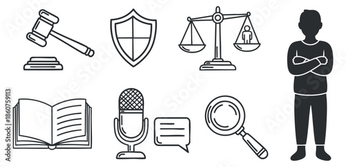A collection of legal symbols including a gavel, scales of justice, shield, book, microphone, and magnifying glass in minimalist black and white vector style, ideal for law-related projects