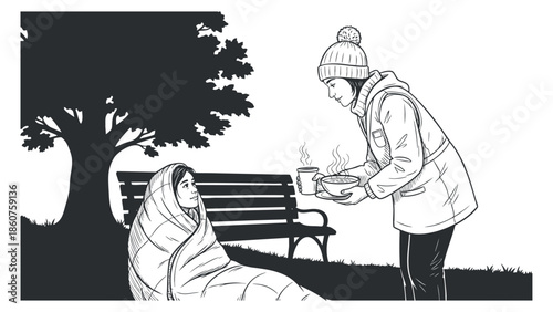 A compassionate scene of a person offering warm food and drink to a homeless individual wrapped in a blanket in black and white illustration style, ideal for social awareness campaigns