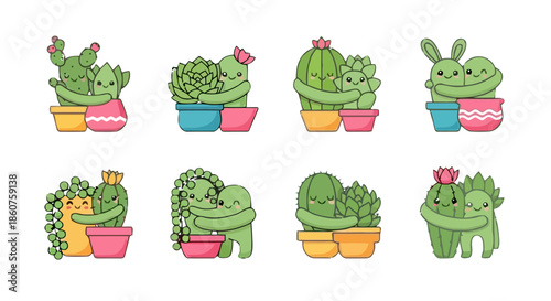 Adorable cartoon cactus and succulent plants hugging in pots