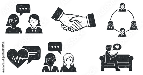 A collection of business and health-related icons featuring handshake, conversation bubbles, and people discussing in outline vector style, suitable for counseling and teamwork themes