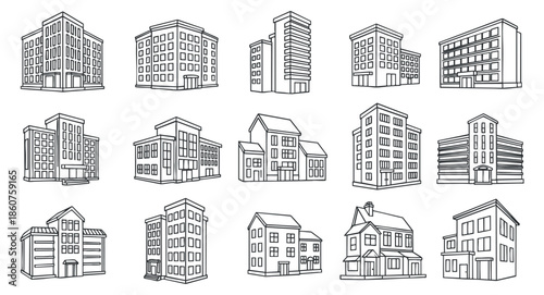 A collection of various building outlines in minimalist black and white vector style, suitable for architectural design projects