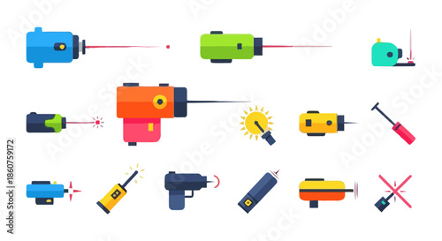 Collection of flat design laser measuring tools.