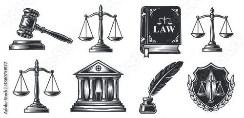 A collection of law and justice icons in black and white vector style, ideal for legal branding and educational materials