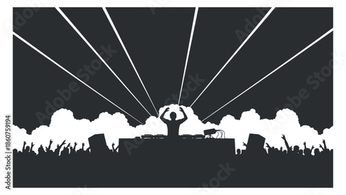 A silhouette of a DJ performing on stage with hands raised, in black and white vector style, ideal for music event promotions