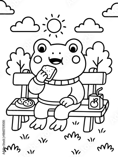 Frog's Picnic in the Sun: a cheerful frog enjoys a sunny picnic, nibbling on a snack and drinking juice. A joyful and peaceful scene for relaxation