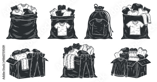 A collection of clothing items in various bags and boxes in black and white vector style, ideal for laundry services and organizing themes