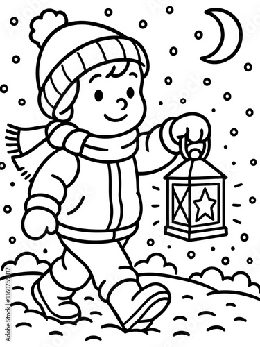 Winter Night Stroll: A charming illustration shows a child braving a snowy evening, lantern in hand, the moon as a silent companion, creating a scene of cozy tranquility.