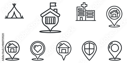 A collection of location icons including a tent, school, hospital, and house in minimalistic black and white vector style, ideal for mapping and navigation applications