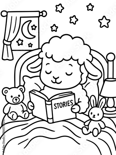 Sweet Dreams: A cute sheep cuddles up in bed, engrossed in a storybook beneath a starlit night.