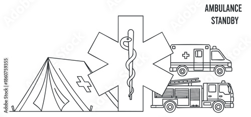 A medical emergency scene featuring an ambulance, a first aid tent, and a medical symbol in clean line art vector style, suitable for healthcare and emergency service graphics