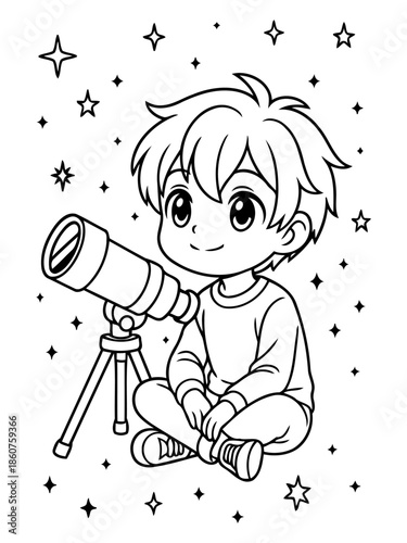 Young Explorer: A child gazes at the stars through a telescope, dreaming of the cosmos. Capturing the sense of wonder and curiosity in the vast expanse of the night sky.