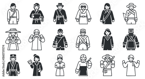 A collection of diverse character icons in black and white minimalist vector style, suitable for cultural and educational projects
