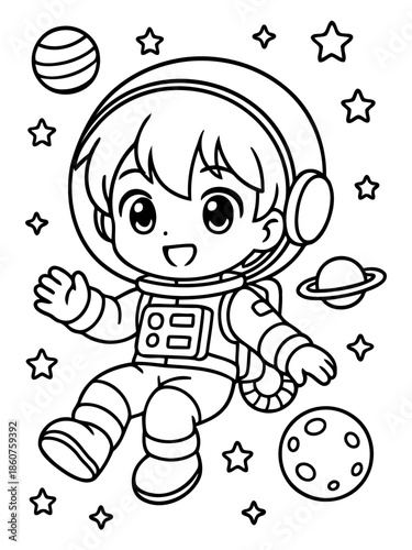 Astronaut in Outer Space: An adorable astronaut floats weightlessly amidst the celestial bodies, with a smile that mirrors the boundless possibilities of space exploration.