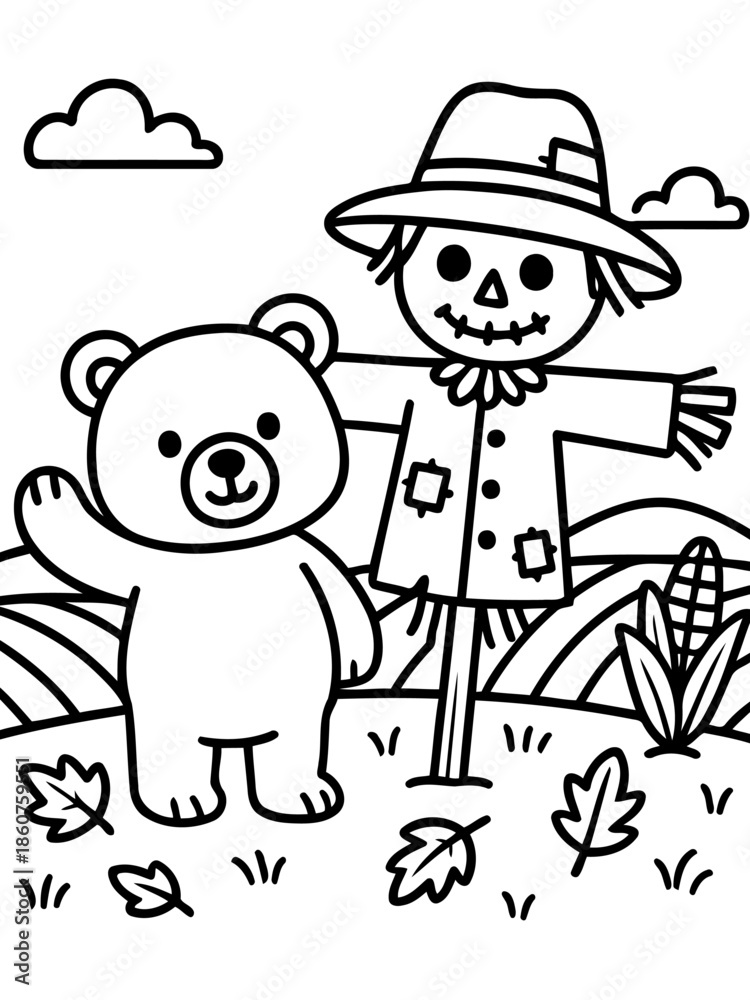 Fototapeta premium Bear and Scarecrow friendship: A charming bear and scarecrow share a sweet friendship amidst a rustic countryside scene. capturing the joy and warmth of autumn.