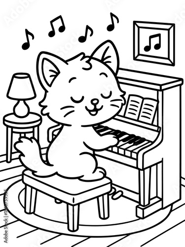 Whiskered Serenade: A charming feline plays a grand piano, surrounded by musical notes and a cozy interior.