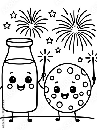 Festive Cookie and Milk: A whimsical illustration of a cookie and a milk bottle celebrating with sparklers under fireworks, evoking a sense of joy and celebration.