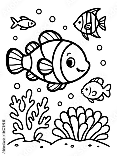 Underwater Symphony: Dive into a whimsical illustration depicting the beauty of underwater life. A group of playful fish swim amidst a vibrant coral reef, all in black outline. 