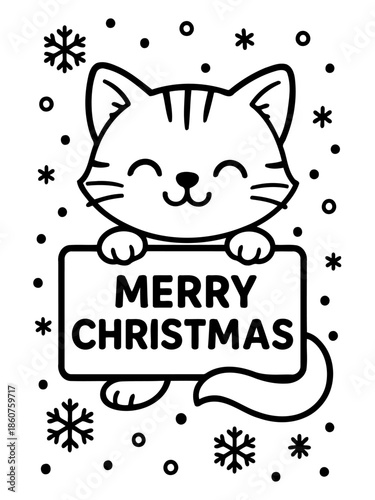 Festive Feline Christmas Greeting: A charming cartoon kitten holds a Merry Christmas sign amidst a flurry of snowflakes, evoking feelings of holiday cheer and yuletide warmth.