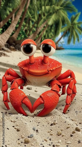 3D Cartoon Happy Red Crab on the Beach Cute Coastal Character Generative AI