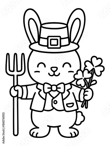 Lucky Rabbit: A whimsical illustration of a charming rabbit dressed in a stylish hat, bow tie, and holding a sprig of shamrocks.