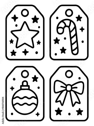 Festive Embellishments: Four stylized gift tags adorned with iconic Christmas symbols - a star, candy cane, ornament, and bow. The playful design conveys the spirit of the holiday season.