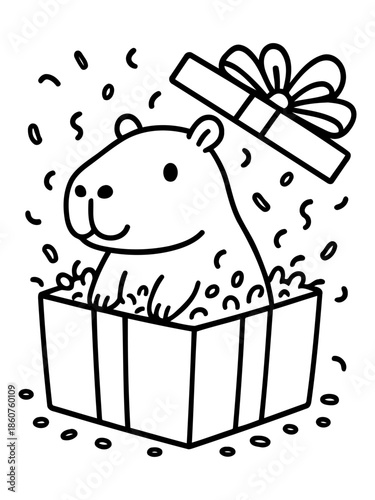 Gift Box Surprize: A cute capybara pops out of a gift box, celebrating a moment of joy, surrounded by confetti. Capturing the spirit of giving and unexpected delights.