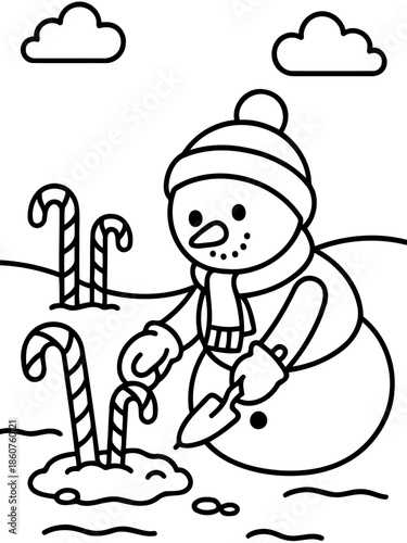 Winter Wonderland: A cheerful snowman diligently tends to candy canes in a snowy landscape. The illustration captures the essence of holiday cheer and whimsical fun.