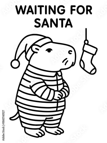Waiting for Santa: A whimsical cartoon depicts a creature eagerly anticipating Santa's arrival, dressed in pajamas and a nightcap, with a stocking hanging nearby.