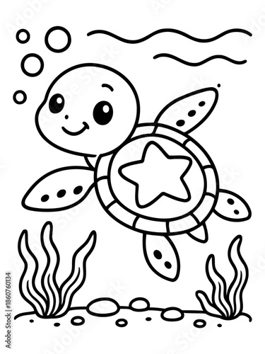 Oceanic Explorer: A charming, friendly turtle glides serenely through the aquatic realm. Joyful bubbles dance around as it swims peacefully alongside seaweed and enjoys its underwater adventure.
