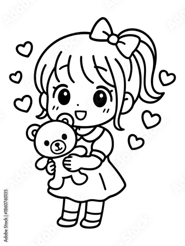 A Girl with her Beloved Teddy Bear: Adorable girl cuddling a cute teddy bear, surrounded by lovely hearts. Illustrating concept of love and tenderness