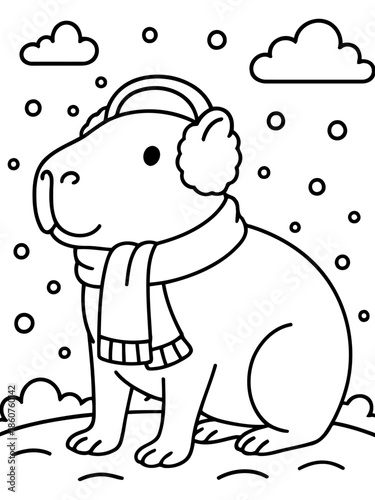 Winter Wonderland Capybara: A charming capybara, bundled up in a cozy scarf and earmuffs, sits contentedly in a snowy landscape.