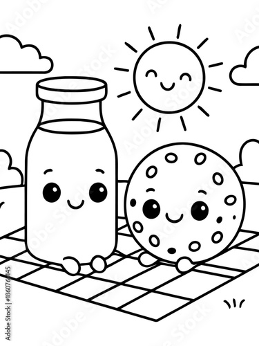 Milk and Cookie Picnic: A charming illustration featuring a smiling milk bottle, a cheerful cookie, and a radiant sun, all set on a picnic blanket, evoking feelings of joy and friendship. 