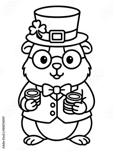 Leprechaun Guinea Pig: A charming line art illustration of a guinea pig dressed as a leprechaun, complete with a top hat, bow tie, glasses, and a stack of gold coins, perfect for celebrating St.