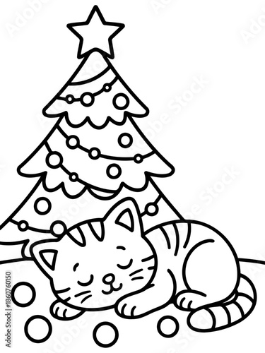 Christmas cat dreamland: A peaceful cat nestled beside a decorated Christmas tree, dreaming of festive joy. A whimsical illustration with a star.