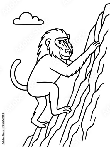 Baboon Ascent: A line drawing captures a baboon, skillfully ascending a rock face, a testament to its natural agility and the raw beauty of its environment.